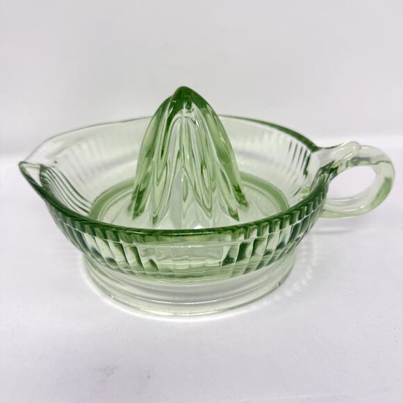 Vintage Green Uranium Glass Juicer Reamer Ribbed UV Glow Depression 1930s Spout - Picture 2 of 7